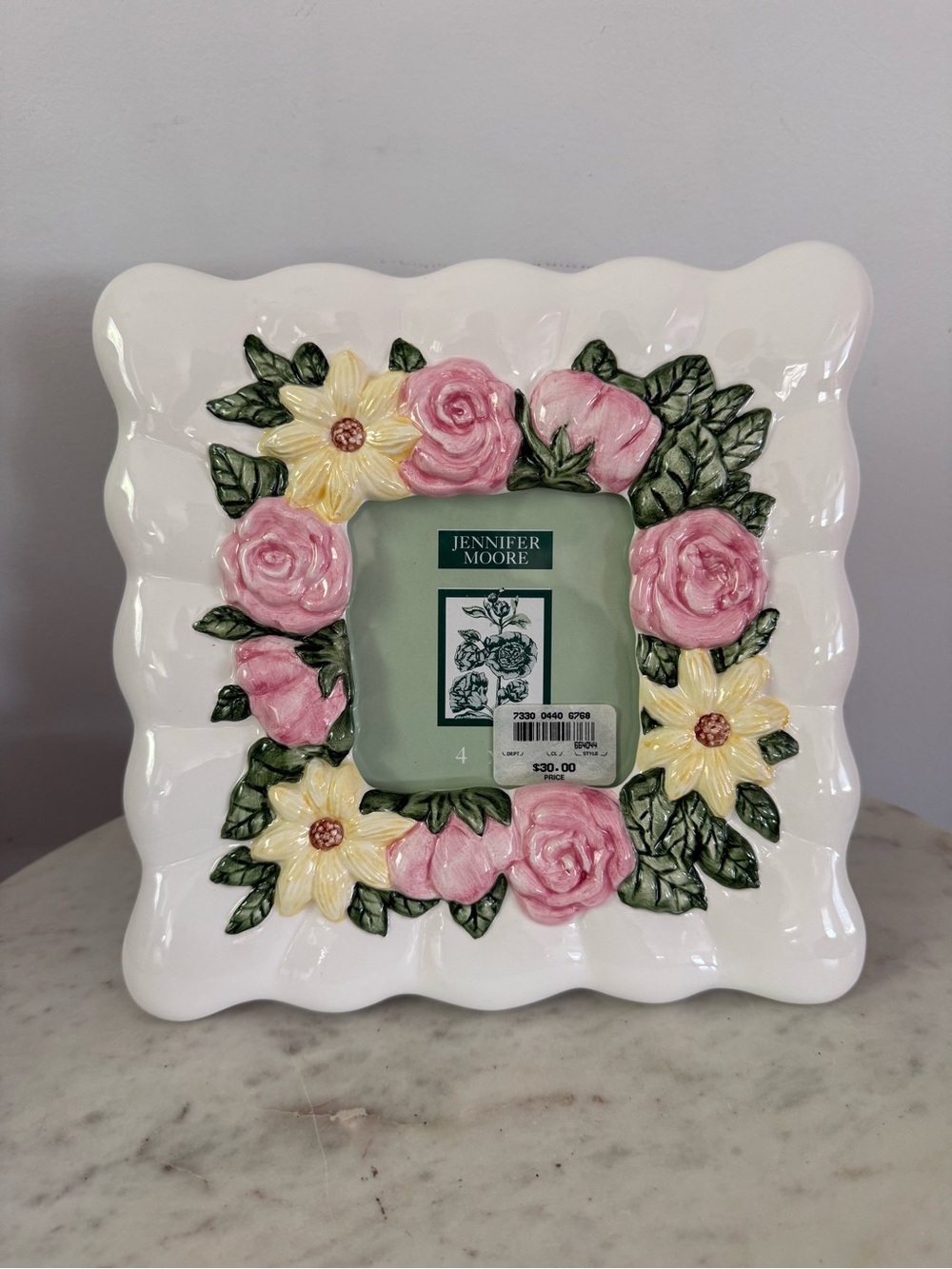 NWT Vintage Jennifer Moore Ceram Picture Frame 4x4 Cottagecore Pink Roses Floral
